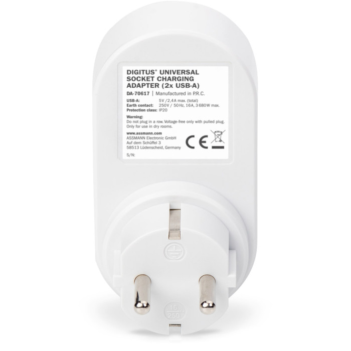 Зарядний пристрій DIGITUS Universal Socket Charging Adapter 2xUSB-A, 2.4A Gray/White (DA-70617)
