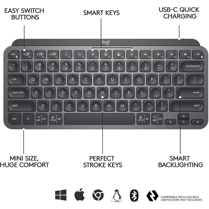 Клавіатура бездротова LOGITECH MX Keys Mini Graphite (920-010501)