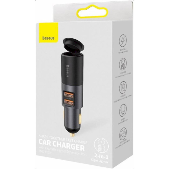 Розгалужувач прикурювача BASEUS Share Together Fast Charge Car Charger w/Cigarette Lighter Expansion Port U+U 120W Gray (CCBT-D0G)