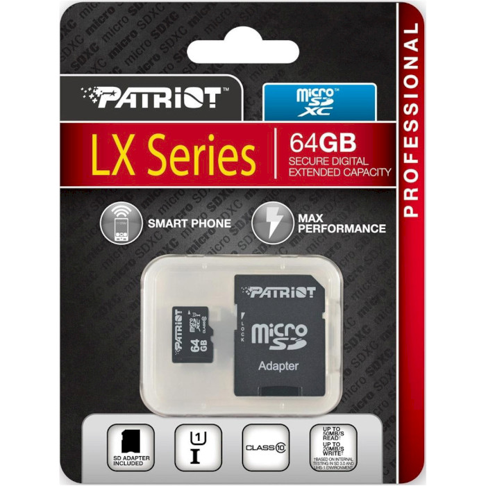 Карта памяти PATRIOT microSDXC LX 64GB UHS-I Class 10 + SD-adapter (PSF64GMCSDXC10)