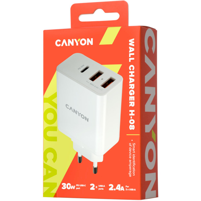 Зарядний пристрій CANYON H-08 1xUSB-C, 2xUSB-A, PD3.0, 30W White (CNE-CHA08W)