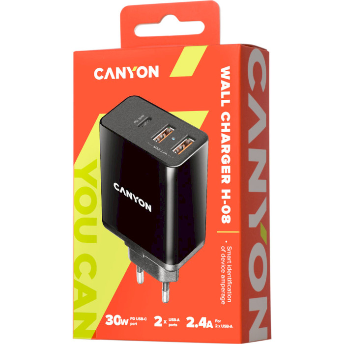 Зарядний пристрій CANYON H-08 1xUSB-C, 2xUSB-A, PD3.0, 30W Black (CNE-CHA08B)