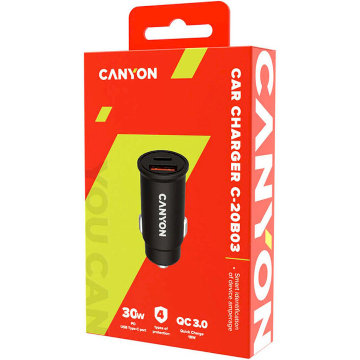 Автомобильное зарядное устройство CANYON C-20B03 1xUSB-C, 1xUSB-A, PD3.0 30W, QC3.0 18W Black (CNS-CCA20B03)