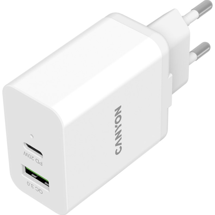 Зарядное устройство CANYON H-20-03 1xUSB-C, 1xUSB-A, PD3.0 20W, QC3.0 18W White (CNE-CHA20W03)