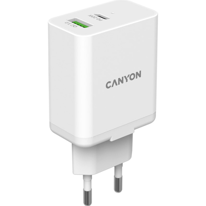 Зарядное устройство CANYON H-20-03 1xUSB-C, 1xUSB-A, PD3.0 20W, QC3.0 18W White (CNE-CHA20W03)