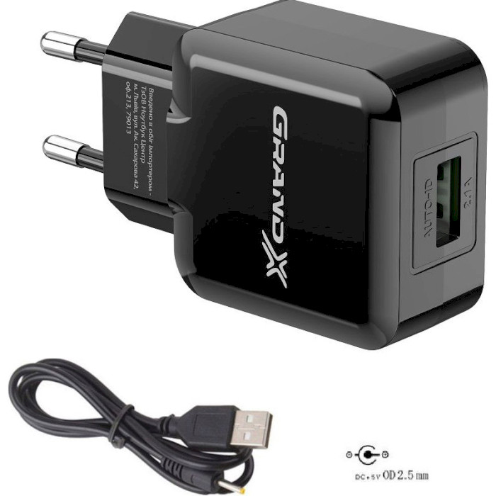 Зарядное устройство GRAND-X CH-03 1xUSB-A, 2.1A Black w/DC cable (CH-03C25B)