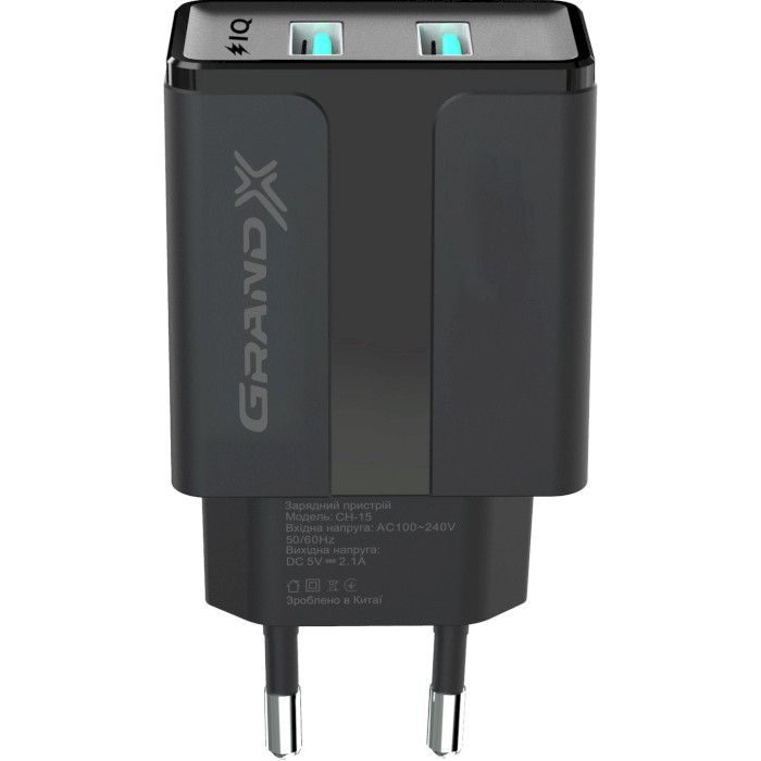 Зарядний пристрій GRAND-X CH-15 2xUSB-A, 2.4A Black w/Lightning cable (CH-15LTB)