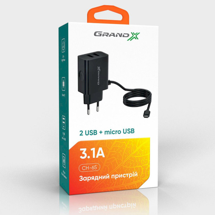 Зарядное устройство GRAND-X CH-65 2xUSB-A, 3.1A Black w/Micro-USB cable (CH-65B)