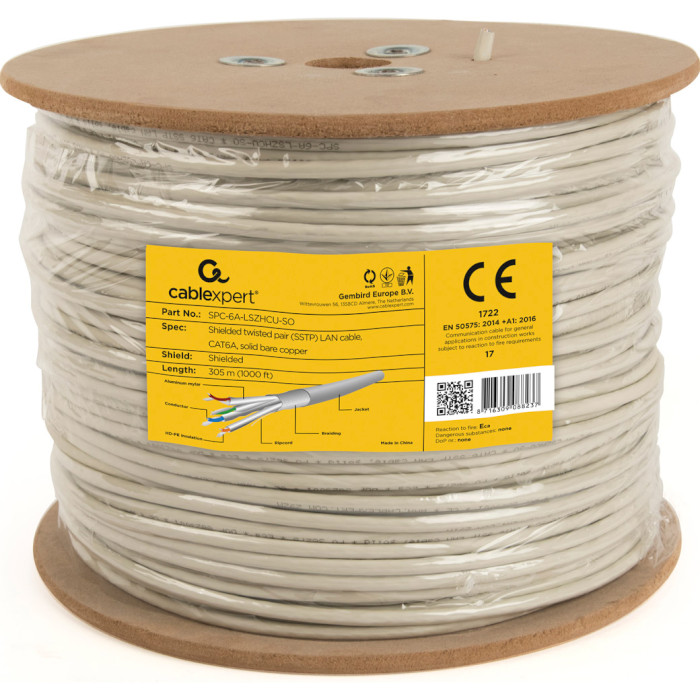 Кабель сетевой CABLEXPERT S/FTP Cat.6a LSZH 4x2x0.57 CU Gray 305м (SPC-6A-LSZHCU-SO)