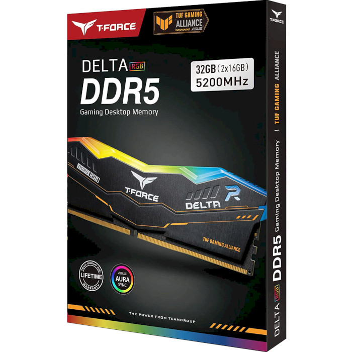 Модуль пам'яті TEAM T-Force Delta TUF Gaming Alliance RGB DDR5 5200MHz 32GB Kit 2x16GB (FF5D532G5200HC40CDC01)