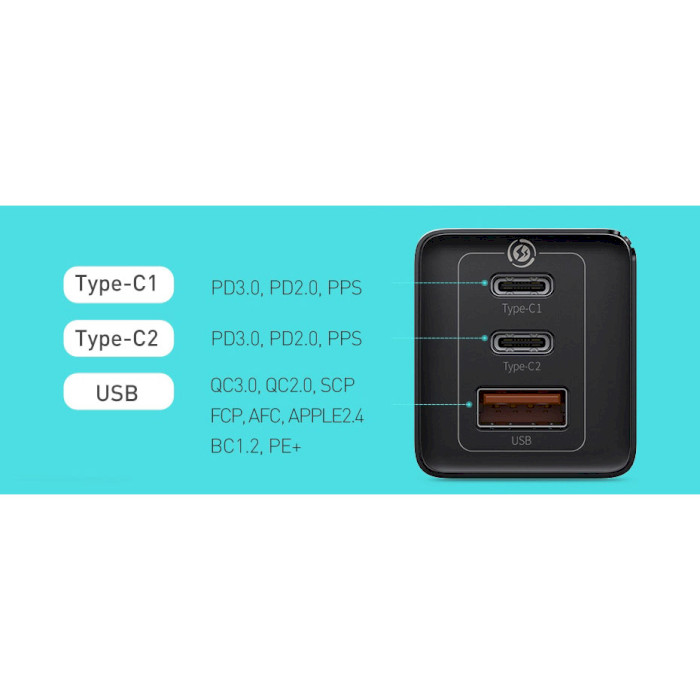 Зарядний пристрій BASEUS GaN3 Pro Fast Charger 2C+U 65W Black w/Type-C to Type-C cable (CCGP050101)